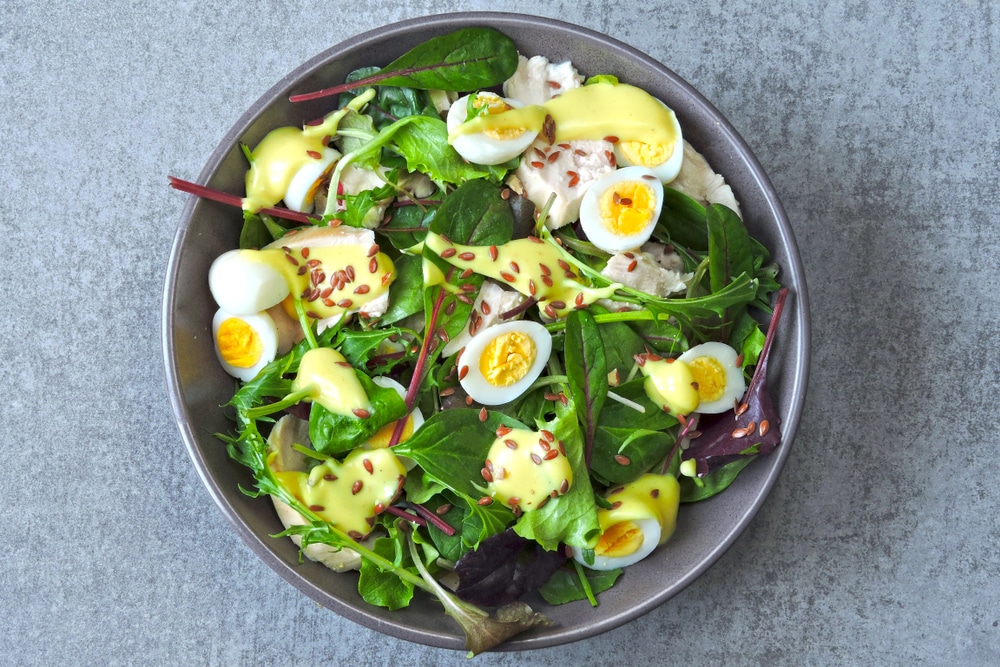Salad With Chicken Breast, Quail Eggs And Flaxseeds